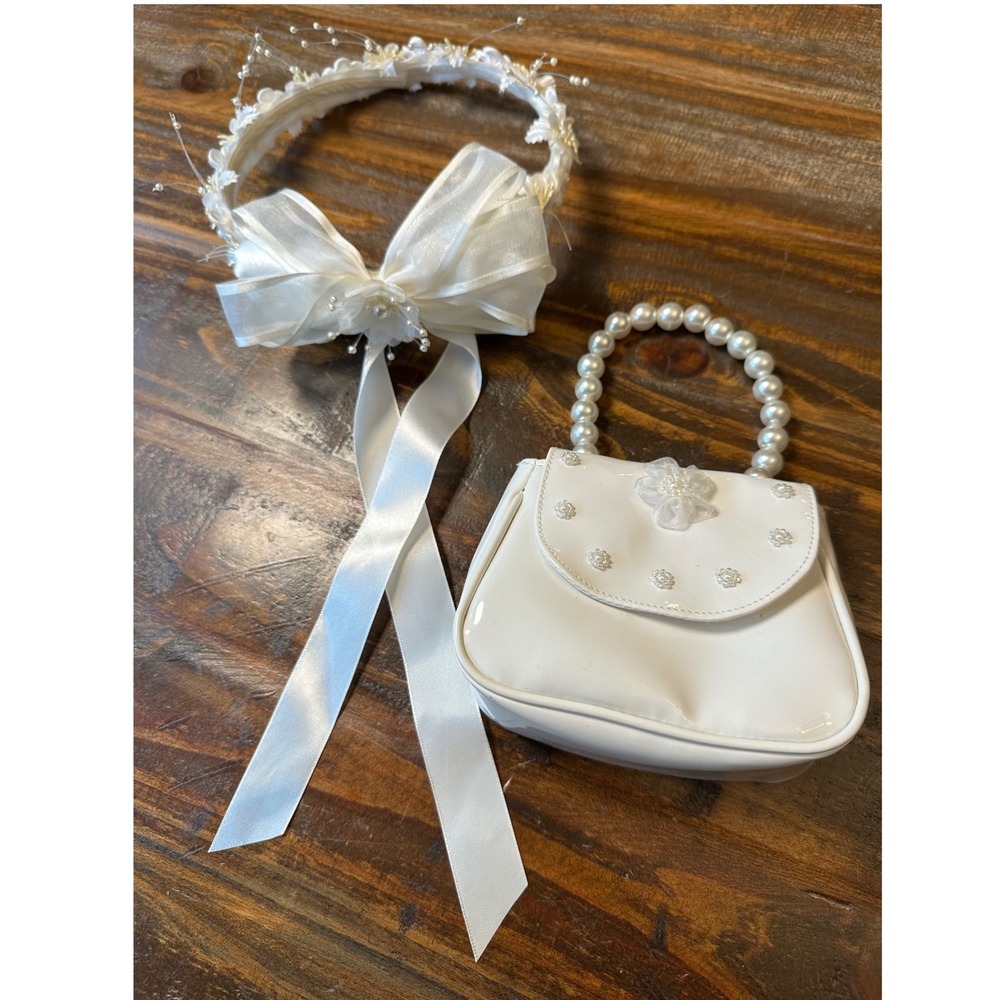 VTG. White Flower Crown Communion‎ Accessory Set Floral Headpiece & Pearl Purse